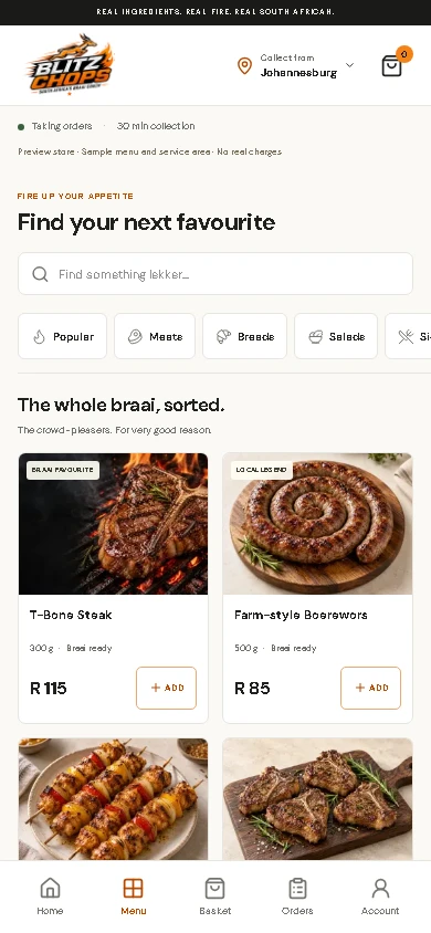 The actual Blitz Chops menu with categories, food photos and Add buttons