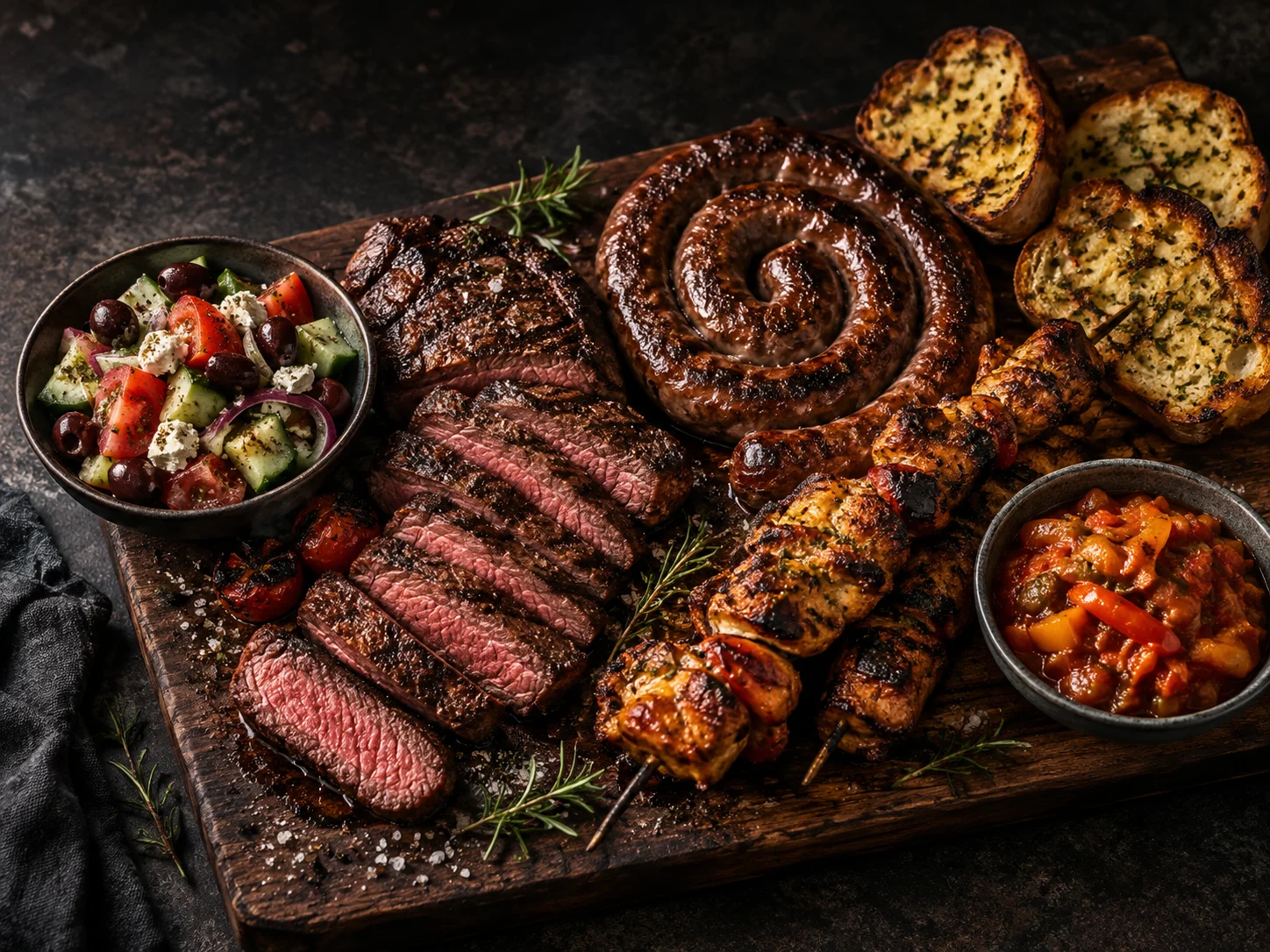 Sliced steak, boerewors, chicken sosaties and fresh braai sides